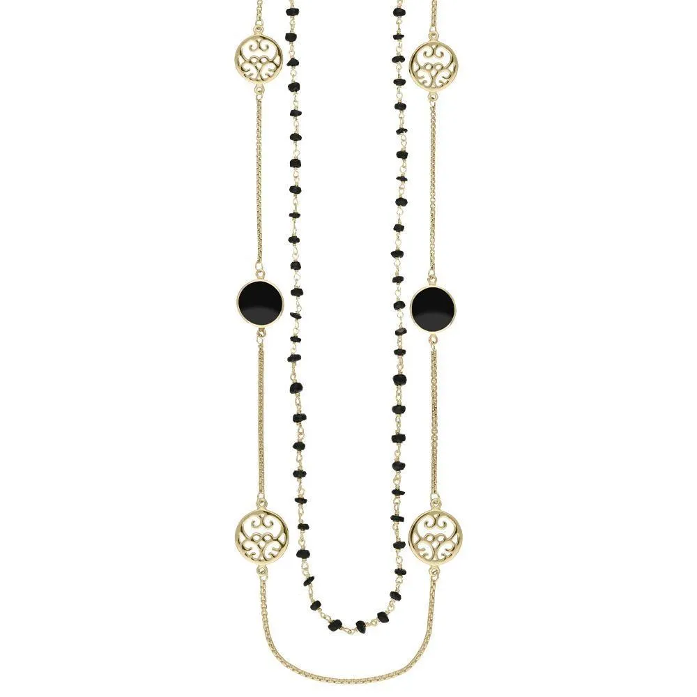 Yellow Gold Whitby Jet Flore Filigree Double Row Necklace